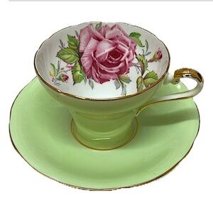Vintage Aynsley corset 1930s bone china tea cup/saucer, green, pink cabbage rose